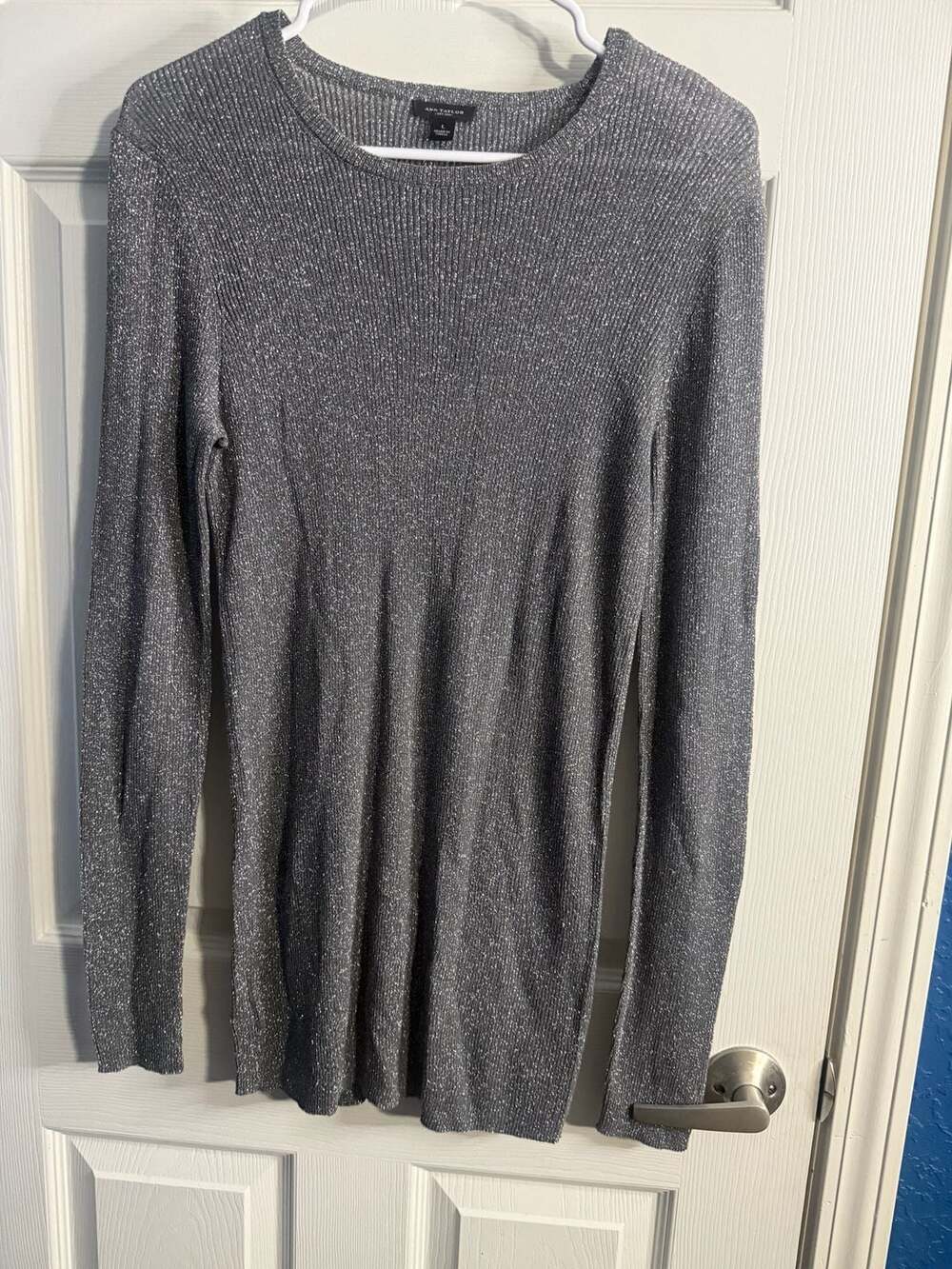 Ann Taylor Silver Metallic Sparkle Ribbed Long Sleeve Sweater Body Con Dress